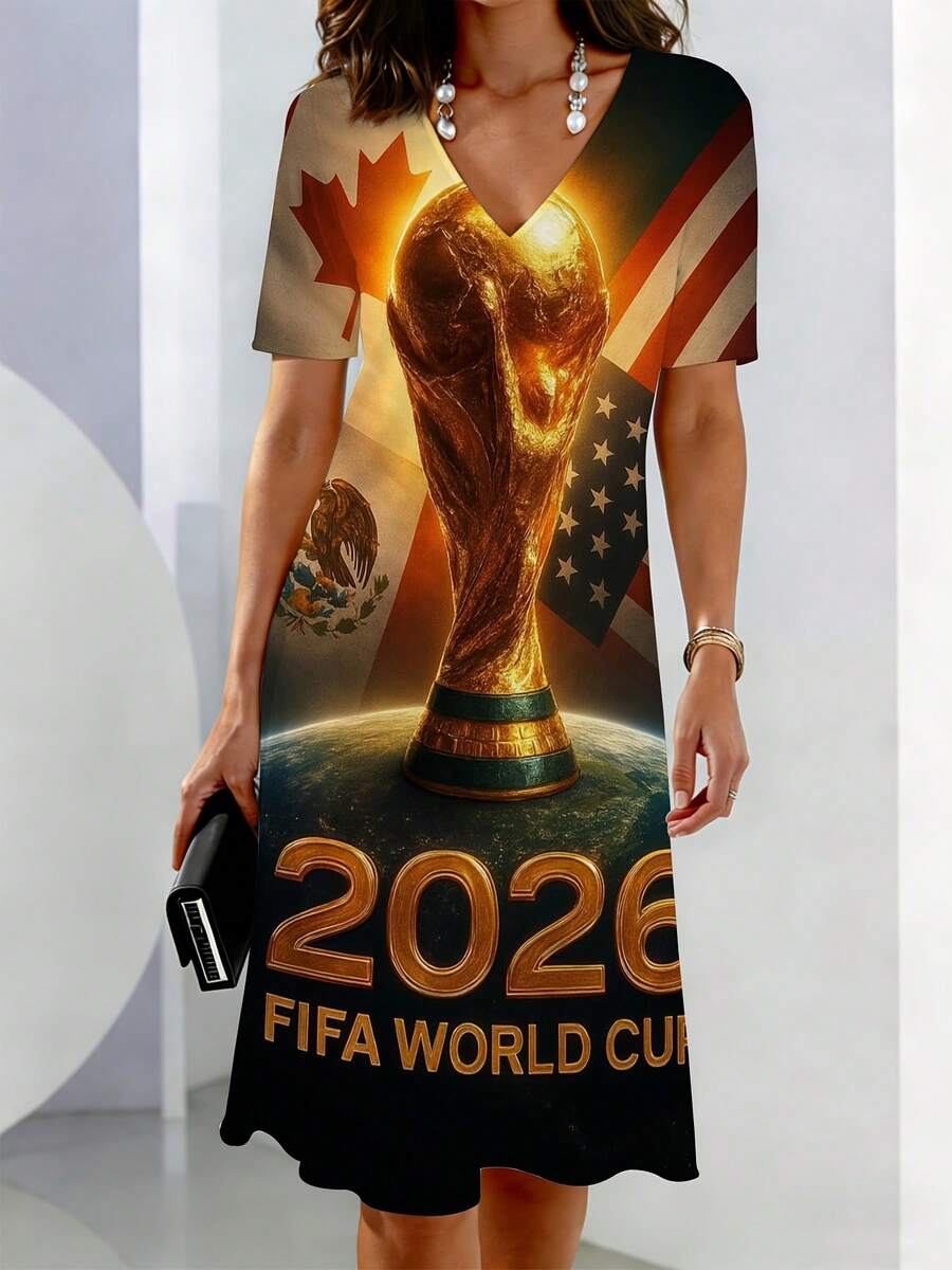 V Neck Dress 2026 Fifa World Cup Trophy With Canada Usa And Mexico ...