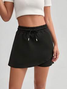 Women's Solid Color Drawstring Waist Casual Shorts, Versatile For Daily Wear, Hiking, Running, Cycling Sports - Black - View 1
