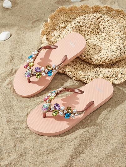 OXLL Original Design Women's Flip Flops, Fashion Luxury Pearl & Rhinestone Decor, Soft Non-Slip Soles, Beach Vacation Goddess Style, Detachable Decorative Chain, Round Toe Flat Sandals