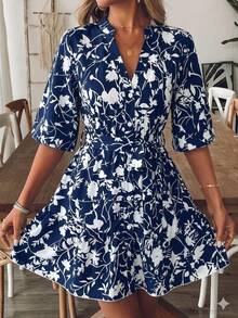 Floral Print Lantern Sleeve V-Neck Mini Dress Elegant Vacation Spring - Royal Blue - View 2