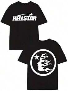 T Shirt Print ,Graphic-Cotton Tees Size Plus, Cartoon Round Neck Short Sleeve, (220 Cotton T-Shirt Double-Sided Printing) Black 1pc Flame & Star Graphic T-Shirt, Y2K, Streetwear, Digital Print T - Shirt Casual Comfort Cotton Tee For Spring & Summer Fall Men's Clothing, Gift, Unisex,Y2K,Oversized Shirt Men,With Shirt,Summer Tops,Shirt Suitable - 黑色 - 查看 1