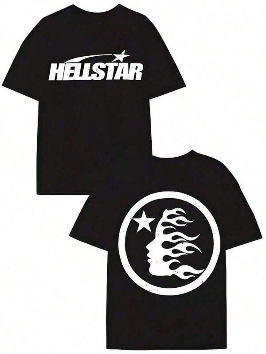T Shirt Print ,Graphic-Cotton Tees Size Plus, Cartoon Round Neck Short Sleeve, (220 Cotton T-Shirt Double-Sided Printing) Black 1pc Flame & Star Graphic T-Shirt, Y2K, Streetwear, Digital Print T - Shirt Casual Comfort Cotton Tee For Spring & Summer Fall Men's Clothing, Gift, Unisex,Y2K,Oversized Shirt Men,With Shirt,Summer Tops,Shirt Suitable - 黑色 - 查看 1
