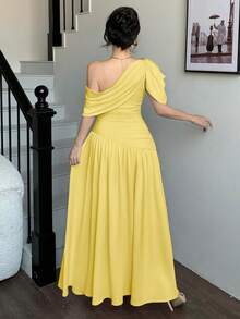 Vestido largo de mujer de ajuste ceñido, con un hombro, cintura fruncida, falda acampanada, elegante y de moda, para fiestas, citas, eventos festivos, bodas, ocasiones formales, cenas, Día d - Amarillo - Ver 2