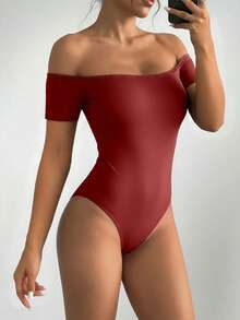 ChicMe Body ajustado con hombros descubiertos para mujer, blusa de manga corta casual, cómoda y de moda para uso diario en verano - Rojo - Ver 3