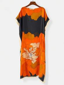 1pc Women's Elegant Floral Print Faux Silk Cover Up Shawl, Lightweight Breathable Satin Kimono Robe For Spring/Summer Beach, Vacation, Sun Protection,Holiday - Orange - View 3