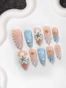 10pcs Ocean Embossed Handmade Nail Art Set, Including Gel Nail Kit, Starfish & Mini Gold Bead Nail Decor, Handmade 5-Petal Flower & Shell Embossed Nail Art, Blue Nail Polish, Fresh Summer Style, Comes With Nail Tools (1 Jelly Sticker + 1 Nail File), 3 Sizes Suitable For Almond, Duck, Coffin Nails, Suitable For Party, Daily, Party, Photography, Spring/Summer Commute - Multicolor - View 10