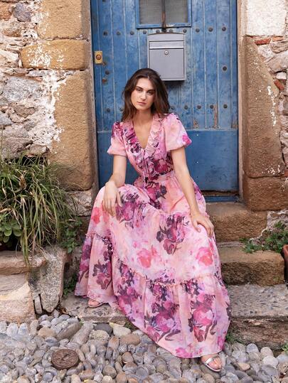 Faeriesty Women's Elegant V-Neck Formal Evening Dress, Puff Sleeves, Ruffle Trim, A-Line Silhouette - Perfect For Weddings, Galas, Parties, Awards Ceremonies And Charity Events Pink