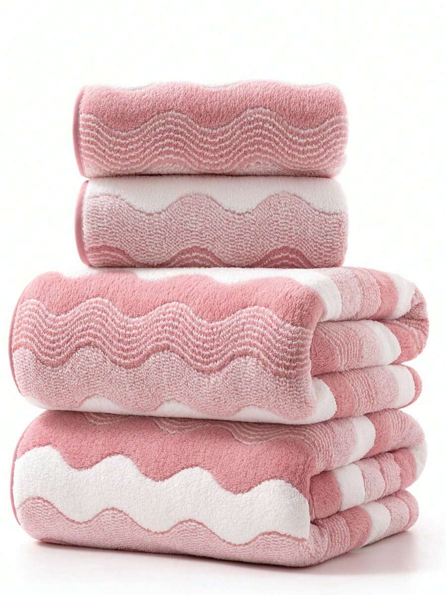 Minimalist Striped Coral Fleece Soft Absorbent Quick-Dry Bath Towel/Hand Towel For Home Use - Pink - View 1