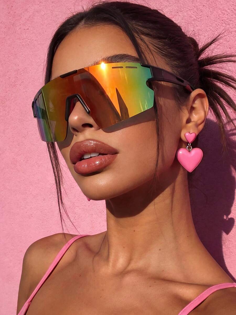 1 Pair Women's Oversized Colorful Versatile Cycling Sports Eyeglasses, Suitable For Outdoor Activities, Sports Style, Travel, Holiday Outfits, Beach, Electronic Music Festival, Vacation Vibes, Driving - Color - View 1