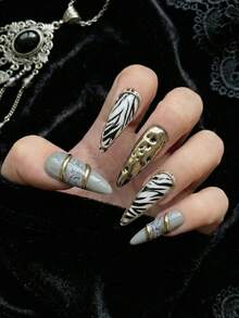 10片Y2K手工长杏仁形美甲贴片，前卫斑马纹和灰色大理石纹，配3D金色美甲饰品，可拆卸可重复使用美甲用品套装（含果冻胶和指甲锉） - 黑與白 - 查看 2