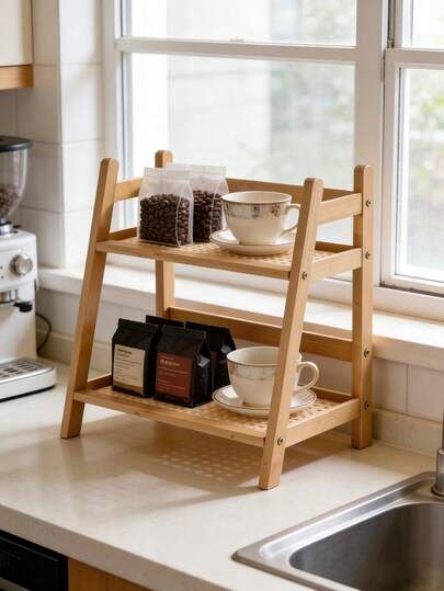 Estantería de cocina de 2 niveles de madera multiusos y estantería para especias, adecuada para diversos escenarios del hogar, estantería de almacenamiento compacta para encimera, soporte de taza de ratán, puede sostener tazas, tazas y artículos pequeños, estantería decorativa para balcón | Estantería de madera natural, estantería de almacenamiento, regalo del Día de la Madre