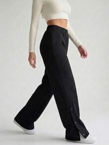 Black Soft High Waist Wide Leg Knit Pants - Black - View 1