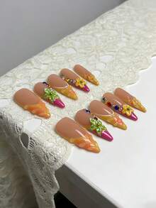 10pcs French Luxury 3D Line Flower Rhinestone Hot Girl Style Acrylic Press On Nails For Hands, Vacation, Vacation Outfits, Graduation, Wedding, Holiday Party, Suitable For Girls - Orange - View 7