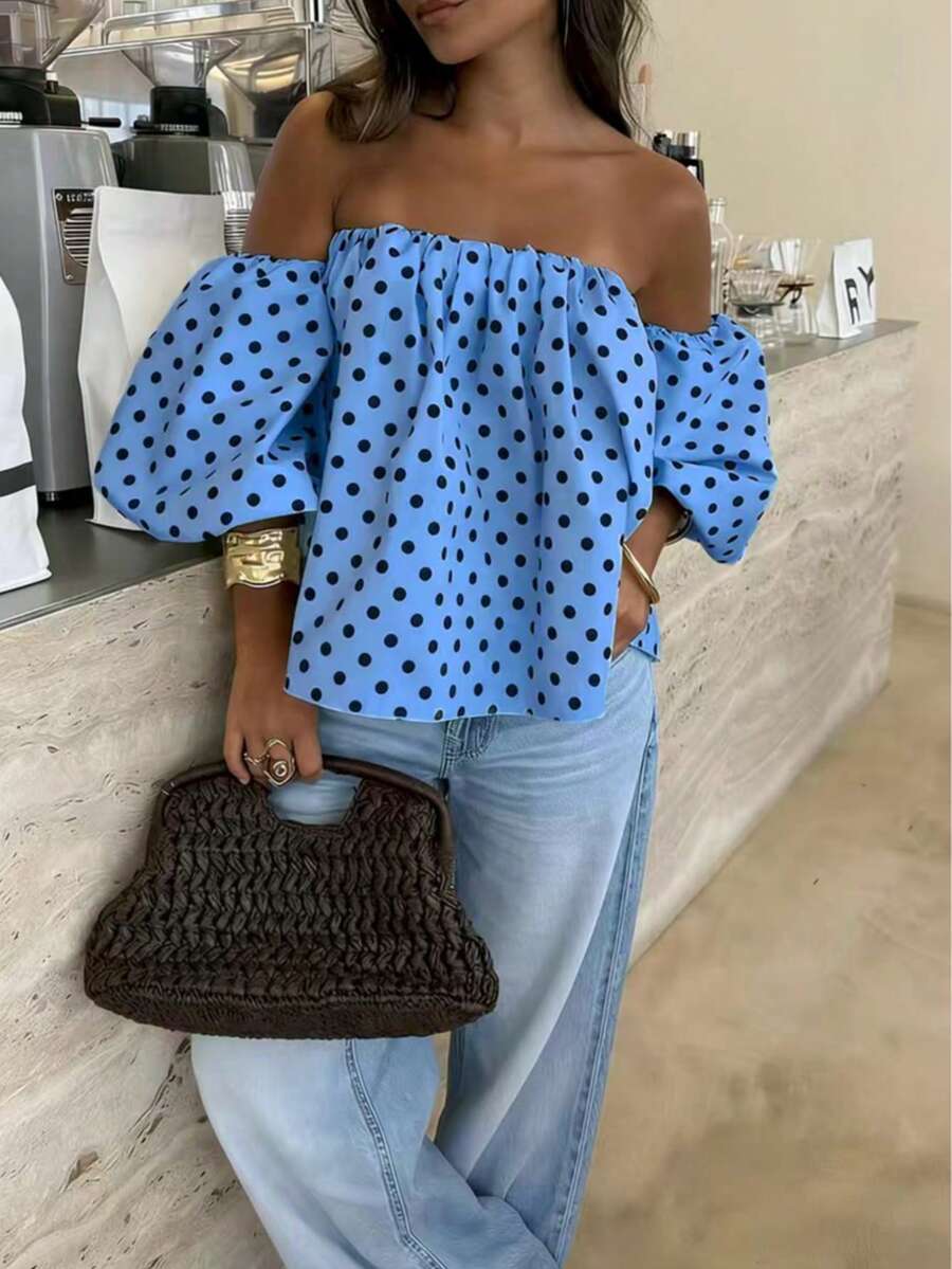 Women's Polka Dot Contrast Color Pleated Off-Shoulder Top, Suitable For Beach And Daily Wear, Spring/Summer - Blue - View 1