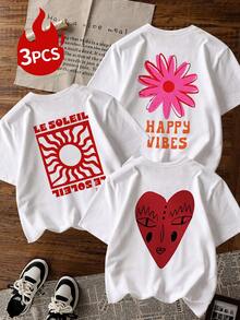 3件套精美花卉爱心印花女士常规版型夏季上衣 - 彩色 - 查看 1