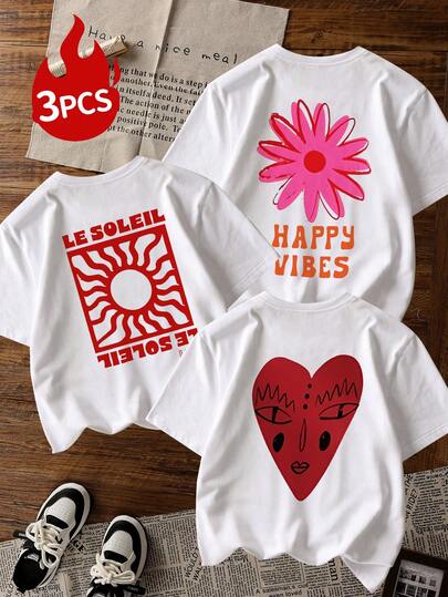 3件套精美花卉爱心印花女士常规版型夏季上衣