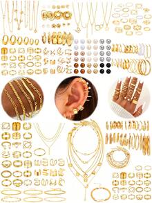 86/68/58/41pcs Fashion Minimalist Elegant Vintage Design Geometric Knot Bow Heart Tassel Pendant Faux Pearl Rhinestone Star Moon Y-Necklace Vertical Bar Infinity Symbol Multi-Layer Twisted Rope Chain Box Chain Smooth Simplistic Metal Earrings Necklace Ring Bracelet Jewelry Set, Suitable For Holiday, Party, Date, Daily Wear, Gift - Yellow Gold - View 1