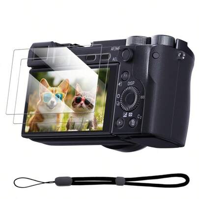 适用于索尼NEX 7/NEX 6/NEX 6L/NEX 5相机的4片装屏幕保护膜套装，包含3片9H钢化玻璃膜和1条腕带，超薄透明防指纹防刮擦9H硬度相机液晶屏保护膜