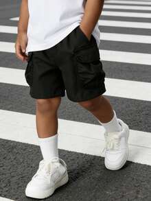 1pc Young BoyTrendy, Versatile, Comfortable Straight-Leg Capri Shorts - Black - View 1