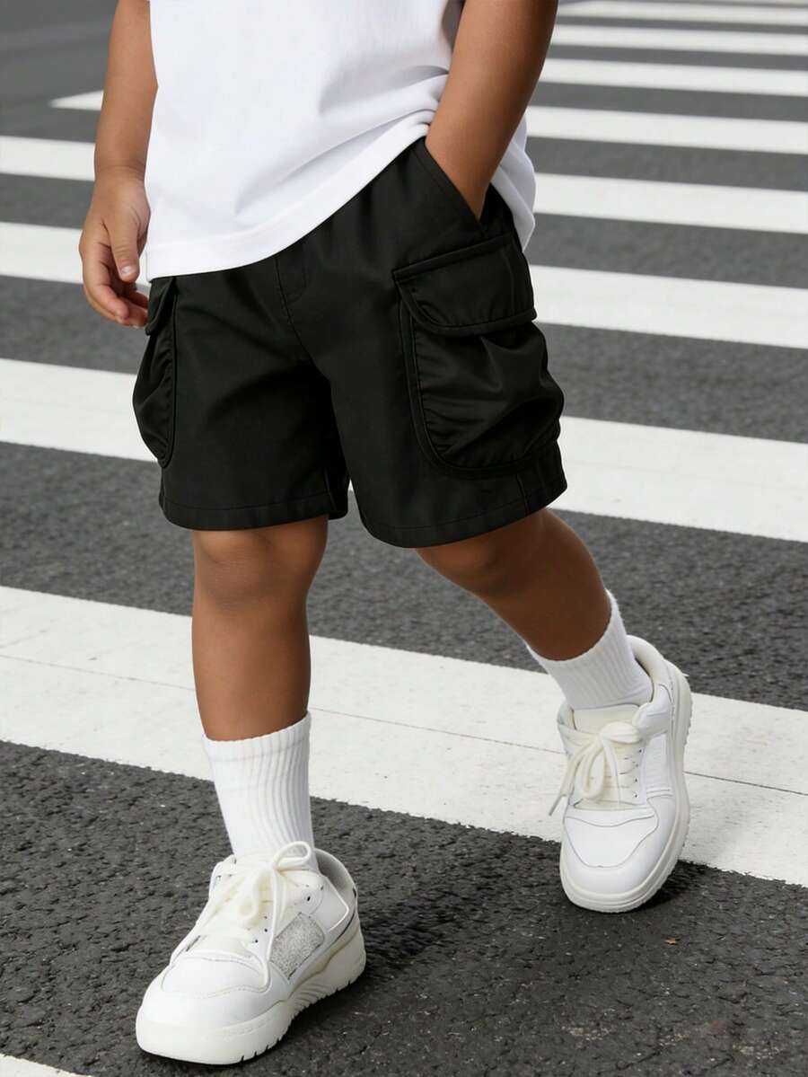 1pc Young BoyTrendy, Versatile, Comfortable Straight-Leg Capri Shorts - Black - View 1