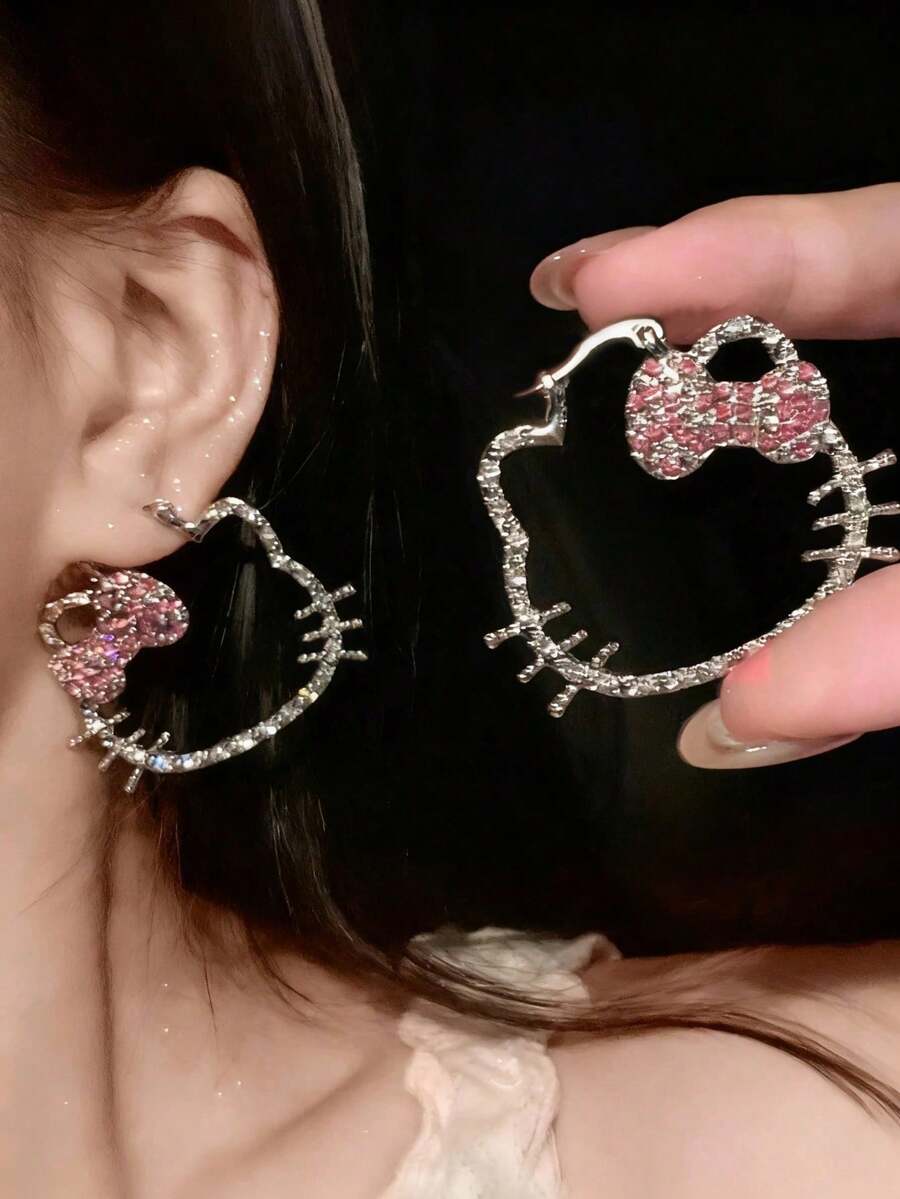 Sanrio 1件装 Hello Kitty 超闪亮粉钻镂空耳环，甜美时尚，高端大气，适合女孩佩戴。 - 粉色 - 查看 1
