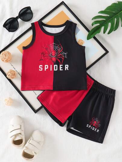 Bộ quần áo dã ngoại thường ngày 2 món cho bé trai, gồm áo không tay và quần short in hình động vật và chữ cái dễ thương, thoải mái cho mùa hè.