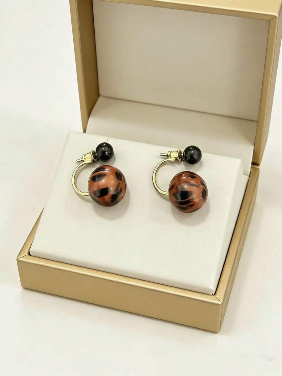 Pendientes de botón con bola de resina con estampado de leopardo, pendientes geométricos retro elegantes, pendientes de diseño elegante y único para mujeres - Multicolor - Ver 1