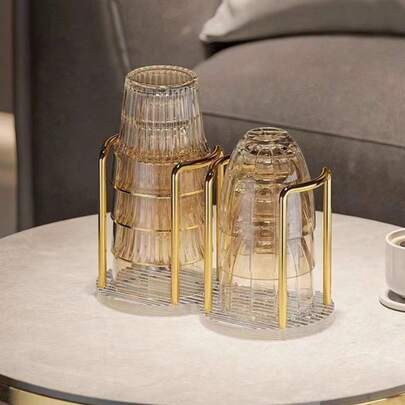 1pc Luxury Gold Double Cup Holder, Metal Frame With Transparent Base, Stable And Drainable, Suitable For Bathroom Countertop, Kitchen, Living Room Cup/Glass Storage, Coffee Shop Display, Great Gift For Mother's Day, Birthday, Loved Ones