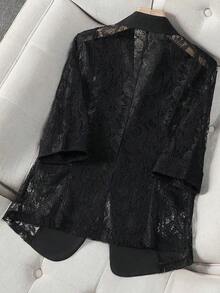Sheer Black Blazer Jacket For Women, Thin Style, Casual Office Wear, 3/4 Sleeve, Petite Spring - Black - View 3