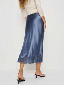 Women's Satin Midi Skirt Fashionable Elegant Solid Color Lace Hem Skirt For Party Work Daily Wear - Màu xanh lam - Xem 4