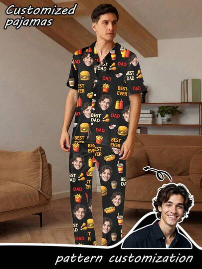 Customized Men's Pajama Set With Personalized Food Element Prints Like Hamburger And French Fries, Short Sleeve Polo Shirt + Long Pants, Comfortable Casual Loungewear, Great Father's Day Gift