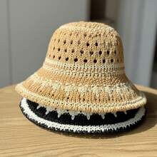 夏季新款几何图案复古草帽，女士遮阳帽，沙滩渔夫帽，可折叠便携男女通用设计 - 白色 - 查看 4