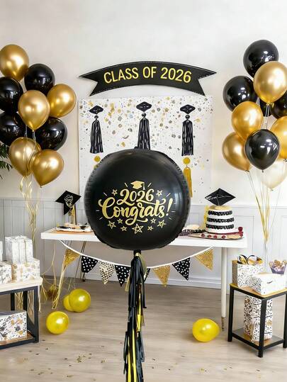 21pcs Graduation Decoration Balloon Set, Includes Graduation 4D Balloon And Black & Gold Latex Balloons, Suitable For Graduation Decoration, Graduation Party, Celebration, School Events And Campus Decoration, Indoor Decoration, 2026 Class Graduation Party, Graduation Season Photo Props Balloons