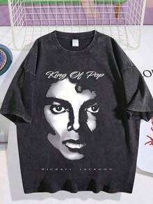 Graphic Tees2026 Summer TopsMen's Washed And Worn Michae Jackson Portrait T-Shirt, King Of Pop Print, High Street Loose And Worn Short Sleeved Shirt004Loose And ComfortableshirtCottno - Black 2 - 查看 12