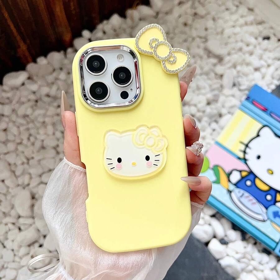 SANRIO 1 ốp lưng điện thoại thời trang sáng tạo, chống nước, chống sốc, trang trí nơ, hình mèo KT đỏ mặt, "Cực ngầu", phong cách anime, lấp lánh, thời trang KT dễ thương, tương thích với dòng 17, 11/12/12 Pro, 13/14/15, 13 Pro/14 Pro/15 Pro, 12 Pro Max/13 Pro Max/14 Pro Max/15 Pro Max, 16, 16 Pro, 16 Pro Max, 17, 17 Pro, 17 Pro Max. - Màu vàng - Xem 1