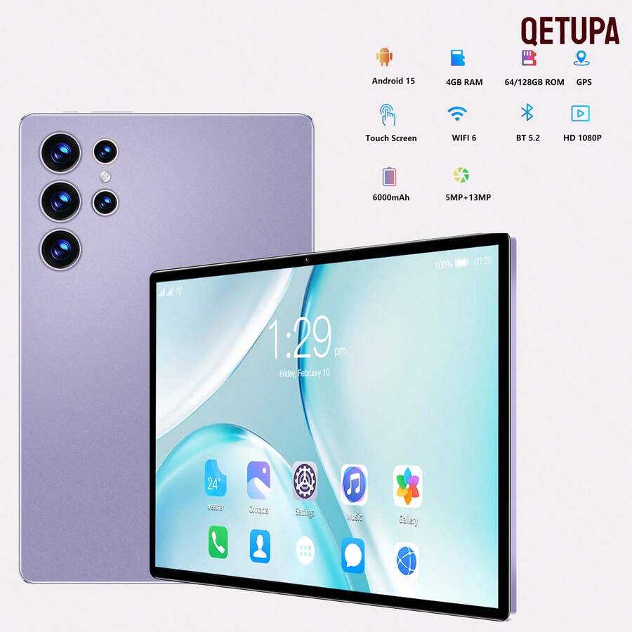 Qetupa 10.1 Inch Android Tablet, Android 15 Tablet, 4GB RAM+64GB/128GB ROM , MTK 8788 Octa-Core Processor, 1280x800 HD IPS Screen, Bluetooth, WiFi Tablet For Adults/Seniors - Mauve Purple - View 1