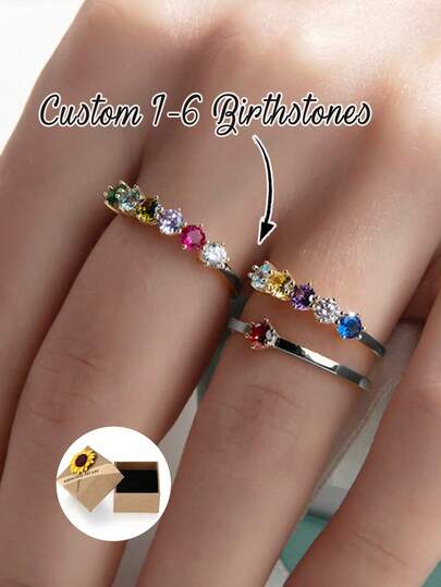 1pc Personalized Birthstone Ring, Mother's Day Gift, Gift For Her, Women's Jewelry, Promise Ring, Gold Jewelry, DIY Jewelry, Minimalist Simulated Diamond Stackable Ring, Multi-Stone Ring, Round Family Birthstone Ring, Ring Gift For Mother And Grandmother, Gold/Silver Birthstone Month Ring, Personalized Gift For Her