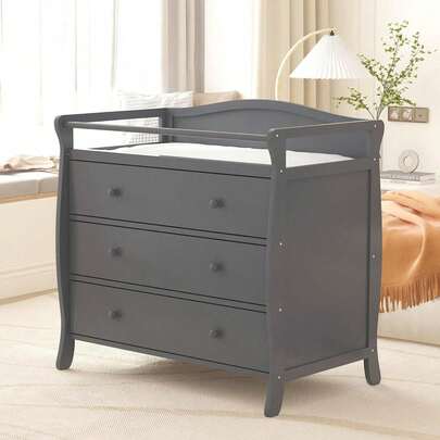 Beaully Wooden Baby Changing Table With 3 Dressers, 3 Tier Baby Classic Nursery Dresser Infant Diaper Changing Station With Table Top, Safety Rails & Strap For Bedroom, Children's Room