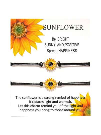 Juego de 2 Pulseras para Mujer, Pulsera de Girasol y Margarita con Detalles de Esmalte, Tejida a Mano con Hilo de Cera y Diseño Ajustable,Símbolo de Amistad y Amor,50021,44465481