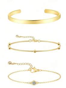 Bộ vòng tay nhiều mảnh kiểu Âu và Mỹ bằng thép không gỉ, thiết kế hở, có thể điều chỉnh, đính đá Zirconia, hình giọt nước, dành cho nữ. - Vàng - Xem 3