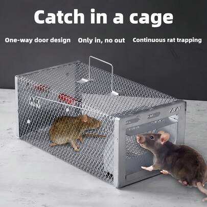 1个高灵敏度活鼠笼，人道连续捕鼠笼，无痛捕鼠器，防逃脱设计，易于清洁，钢笼，金属单向门捕鼠器，可一次捕获多只老鼠，可重复使用的金属捕鼠笼，适用于室内/室外大型老鼠，厨房、仓库、家庭、车库、花园、农场、宠物屋等场所，人道捕鼠器，连续捕鼠笼，单向门捕鼠器
