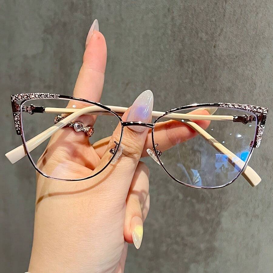 1pc Women's Fashion Plain Glasses 2024 New Vintage   Simple Exquisite Light Luxury Style High-End Cat-Eye Rhinestone Plain Glasses With Decorative Metal Hinges, Suitable For Daily Decoration And Versatile Use - Khung C2 màu đen xanh - Xem 1