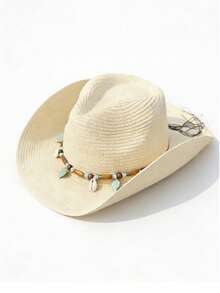 1 buah Topi Koboi Jerami Vintage Wanita Gaya Barat, Dengan Hiasan Cangkang Logam dan Manik-manik Kayu, Desain Pinggiran Lebar, Tali Serut yang Dapat Diatur, Cocok untuk Dipakai Saat Liburan di Pantai, dan Topi dengan Fungsi Perlindungan UV., Musim Panas, Liburan, Perjalanan - Manik-manik kayu, kode rumput kerang - View 5