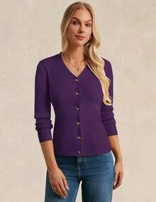 Women's Long Sleeve Button Up Cardigan Sweaters Ribbed Knit Open Front Casual - 深紫色 - 查看 5