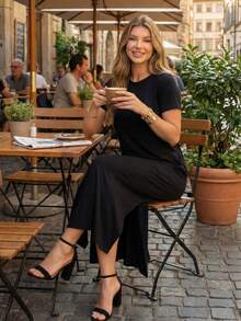 Comfortable Women's Midi Dress With Practical Pocket And Side Slit - Casual And Elegant - 黑色的 - 查看 8
