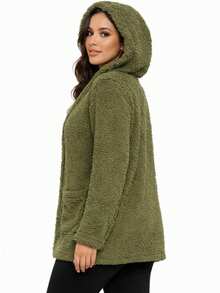 Women's Teddy Animal Print Hooded Jacket – Leopard Style With Fur Pockets - Everyday Wear - 軍綠色 - 查看 3