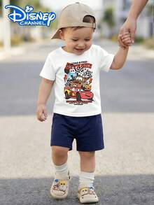 Disney 1pc Baby Boy Authentic Licensed Retro American Racing Flag Lightning Element Printed Casual Comfortable Top, Crew Neck Short-Sleeve T-Shirt, Baby Boy Pullover. This Baby Boy's Clothing Is Suitable For Daily Wear, Versatile And Not Stuffy, Ideal For Spring And Summer Wear, Vacations, Outdoor Activities, Amusement Park Outfits, And Can Also Be Used As A Children's Gift. - 白色 - 查看 3