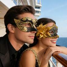 Masquerade Ball Mask, Venetian Party Mask, Christmas/Halloween Couples Costume Party Mask Set, Carnival Role Play Party Gold Mask Set - Yellow Combination - View 9