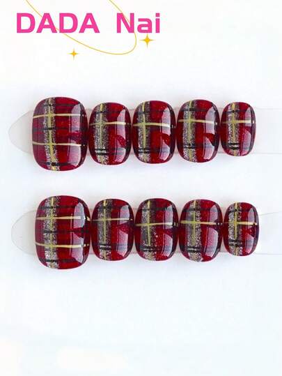 10pcs Short Oval Handmade False Nails, Red Plaid Pattern With Gold Glitter, Glossy Finish, Reusable Acrylic Nails Suitable For Y2K Style And Summer Daily Wear