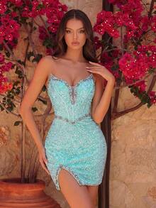 Vestido de fiesta mini con escote en V decorado con lentejuelas y rhinestones, vestido formal corto con abertura en la cintura, espalda descubierta y lazo, adecuado para galas, fiestas, bodas, eventos y ocasiones de cóctel - Verde - Ver 3